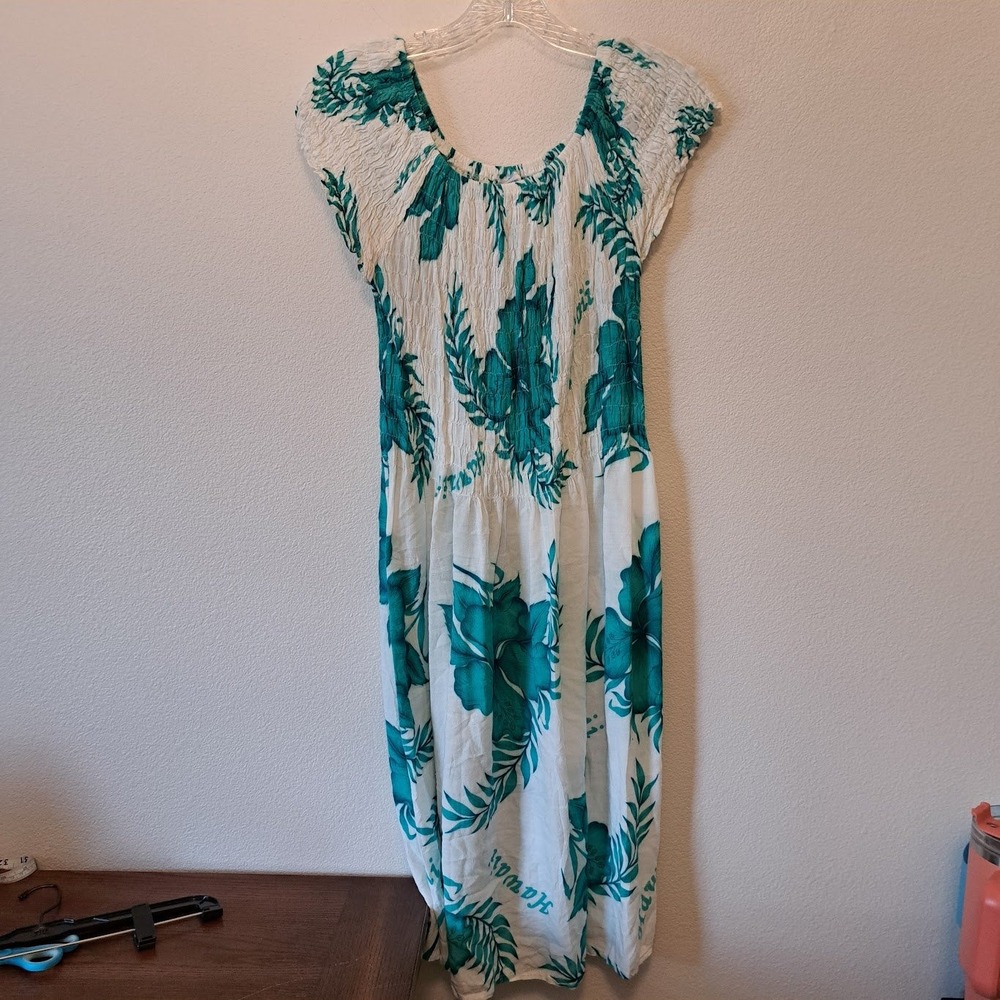 Unity Trading Hawaii Floral Smocked Midi Dress Teal White Hibiscus OSFA